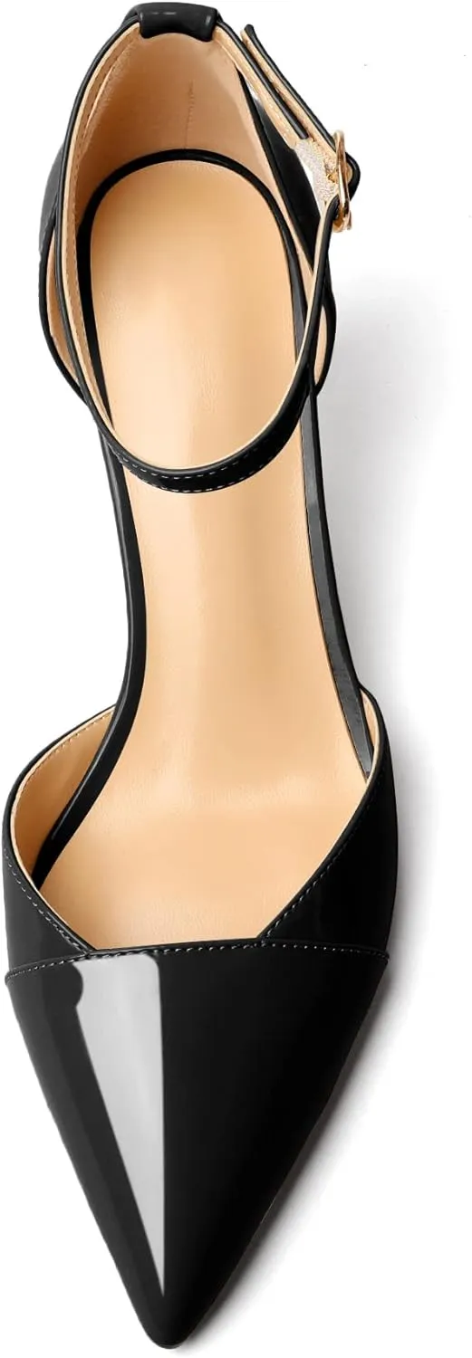AUMOTED Women's Stiletto High Heel Pumps Ladies Closed Pointed Toe D'Orsay Ankle Strap Dress Pumps Shoes 2.5 Inch