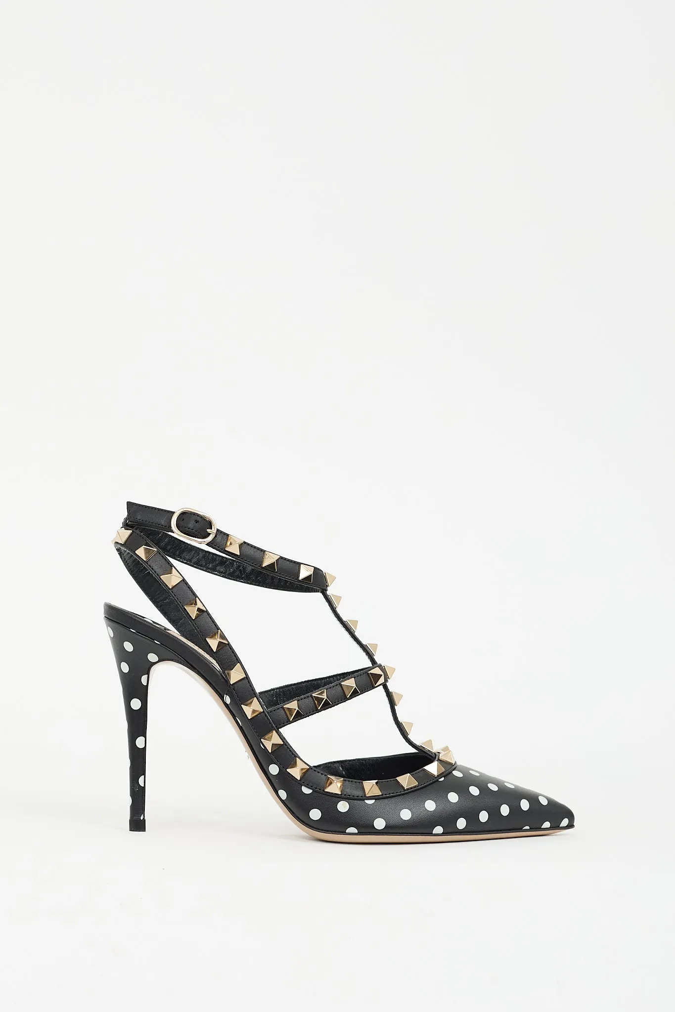 Black & White Polka Dot Rockstud Caged Pump
