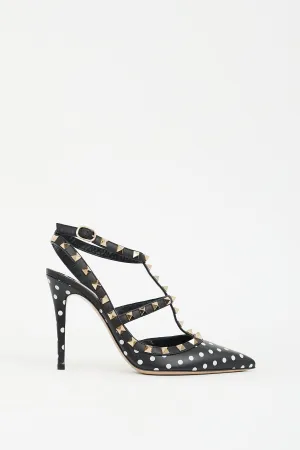 Black & White Polka Dot Rockstud Caged Pump