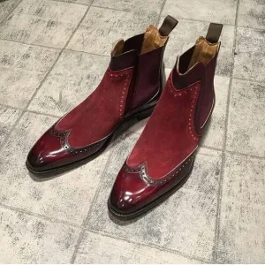 Handmade Leather and Suede Rounded Toe Two Tone Chelsea Jumper Slip On Men's Boot