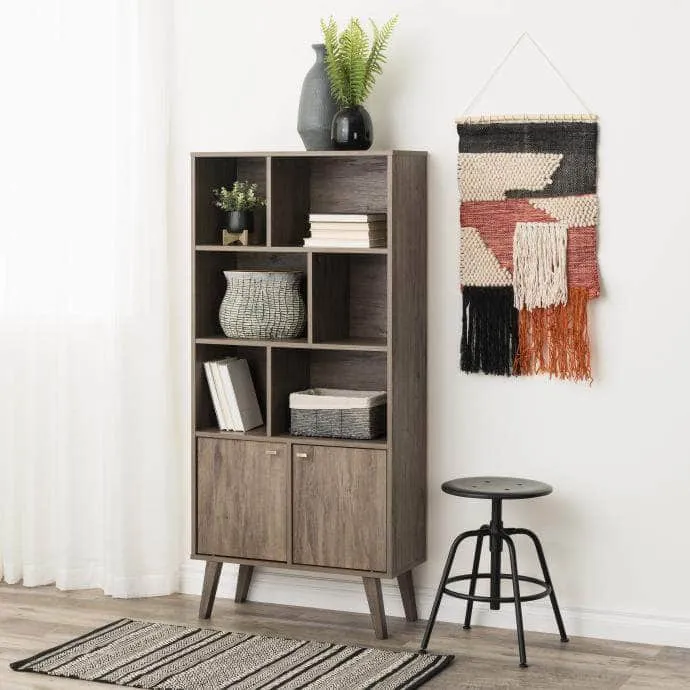 Milo Mid-Century Modern Bookcase with 6 Shelves and 2 Doors - Available in 4 Colours