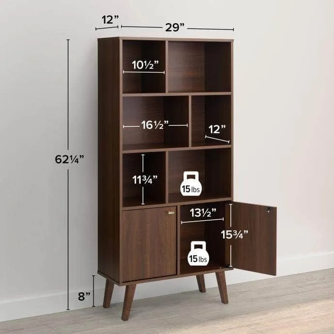Milo Mid-Century Modern Bookcase with 6 Shelves and 2 Doors - Available in 4 Colours