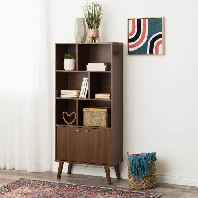 Milo Mid-Century Modern Bookcase with 6 Shelves and 2 Doors - Available in 4 Colours