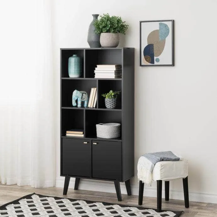 Milo Mid-Century Modern Bookcase with 6 Shelves and 2 Doors - Available in 4 Colours