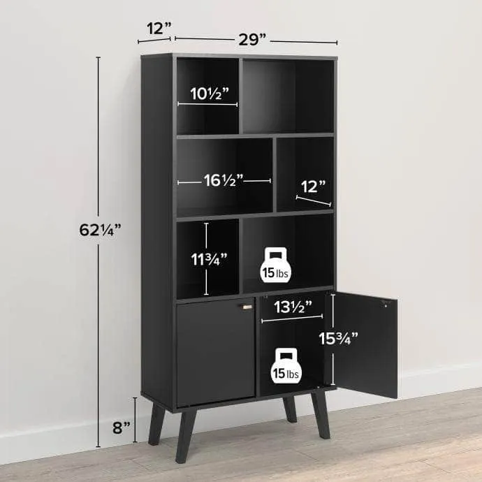 Milo Mid-Century Modern Bookcase with 6 Shelves and 2 Doors - Available in 4 Colours