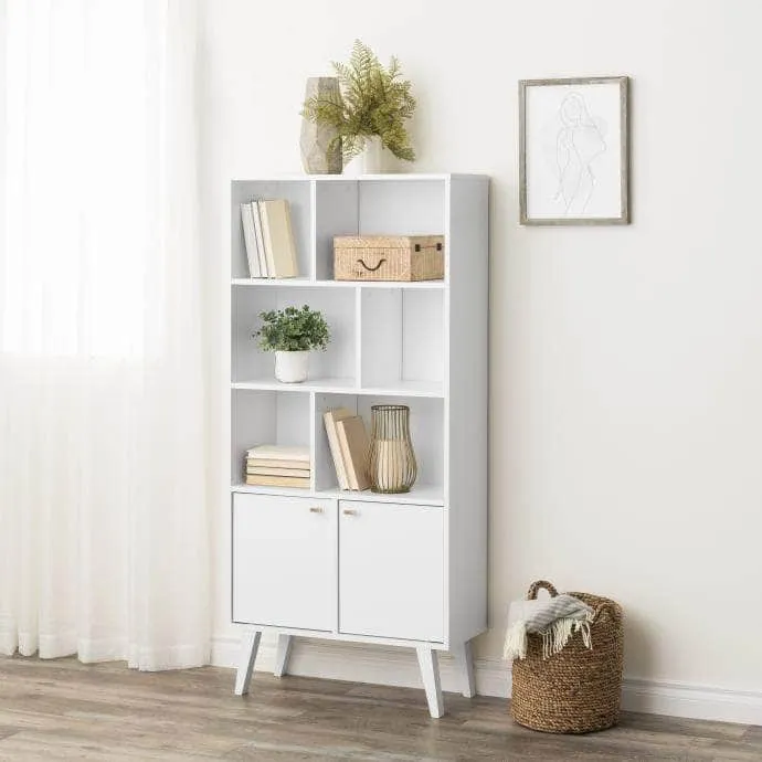 Milo Mid-Century Modern Bookcase with 6 Shelves and 2 Doors - Available in 4 Colours