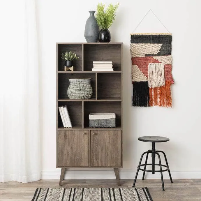 Milo Mid-Century Modern Bookcase with 6 Shelves and 2 Doors - Available in 4 Colours