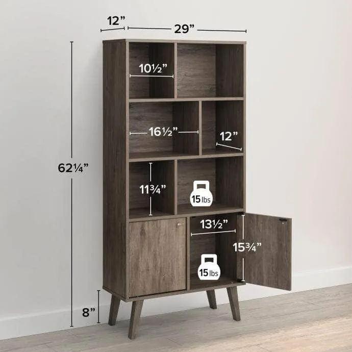 Milo Mid-Century Modern Bookcase with 6 Shelves and 2 Doors - Available in 4 Colours
