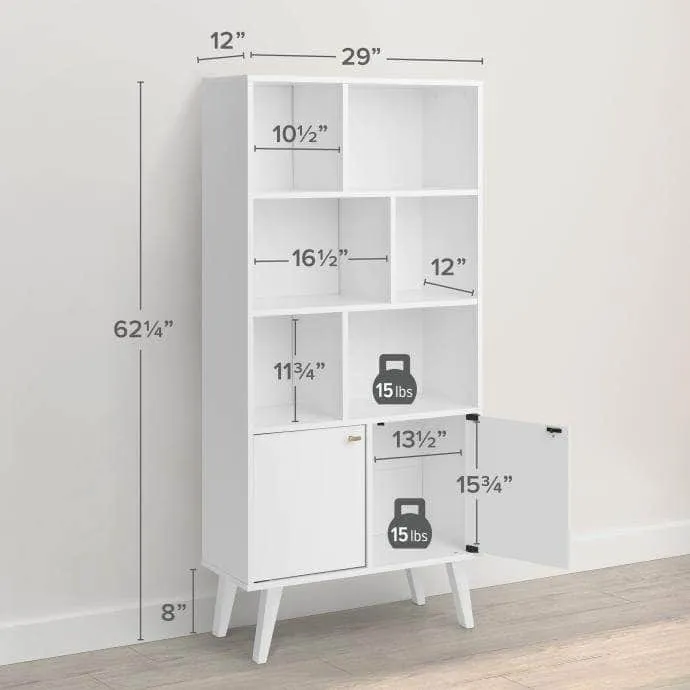 Milo Mid-Century Modern Bookcase with 6 Shelves and 2 Doors - Available in 4 Colours