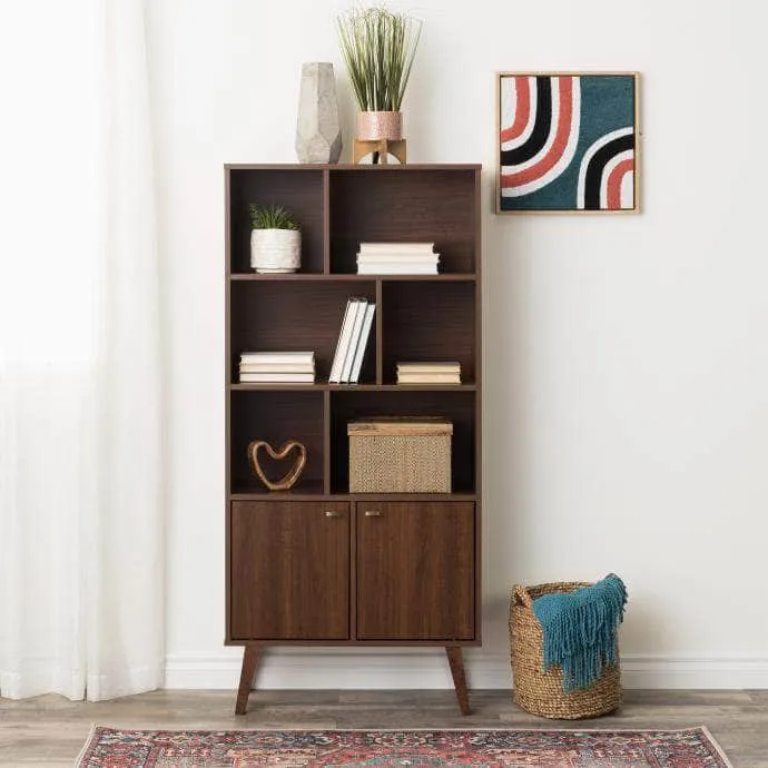 Milo Mid-Century Modern Bookcase with 6 Shelves and 2 Doors - Available in 4 Colours
