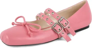 richealnini Ballet Flats Mary Jane Shoes for Women Square Toe Bowknots Flat Pumps Dance Party Wedding Dress