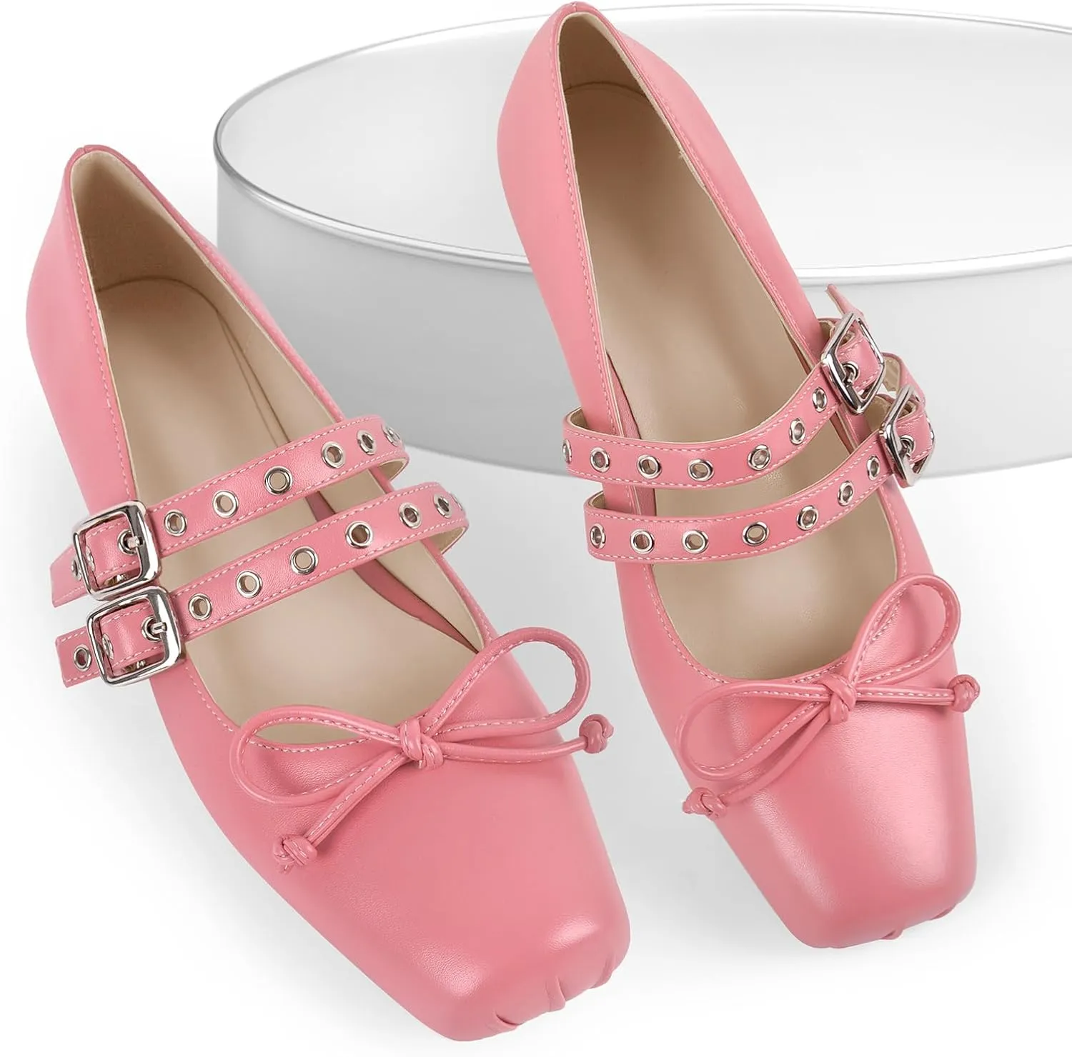 richealnini Ballet Flats Mary Jane Shoes for Women Square Toe Bowknots Flat Pumps Dance Party Wedding Dress