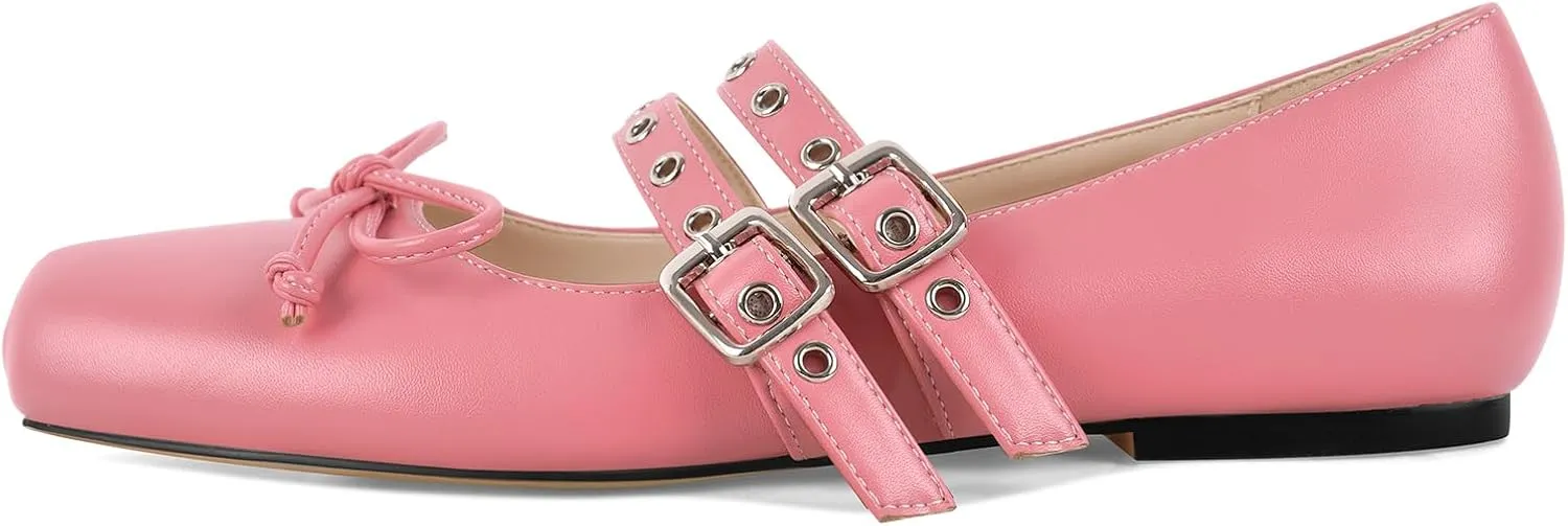 richealnini Ballet Flats Mary Jane Shoes for Women Square Toe Bowknots Flat Pumps Dance Party Wedding Dress