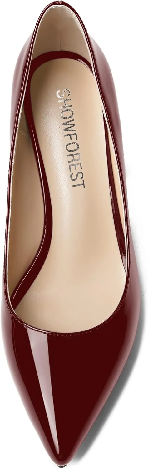 SHOWFOREST Womens Dating Pointed Toe Patent Dress Slip On Chunky High Heel Pumps Shoes 3.3 Inch